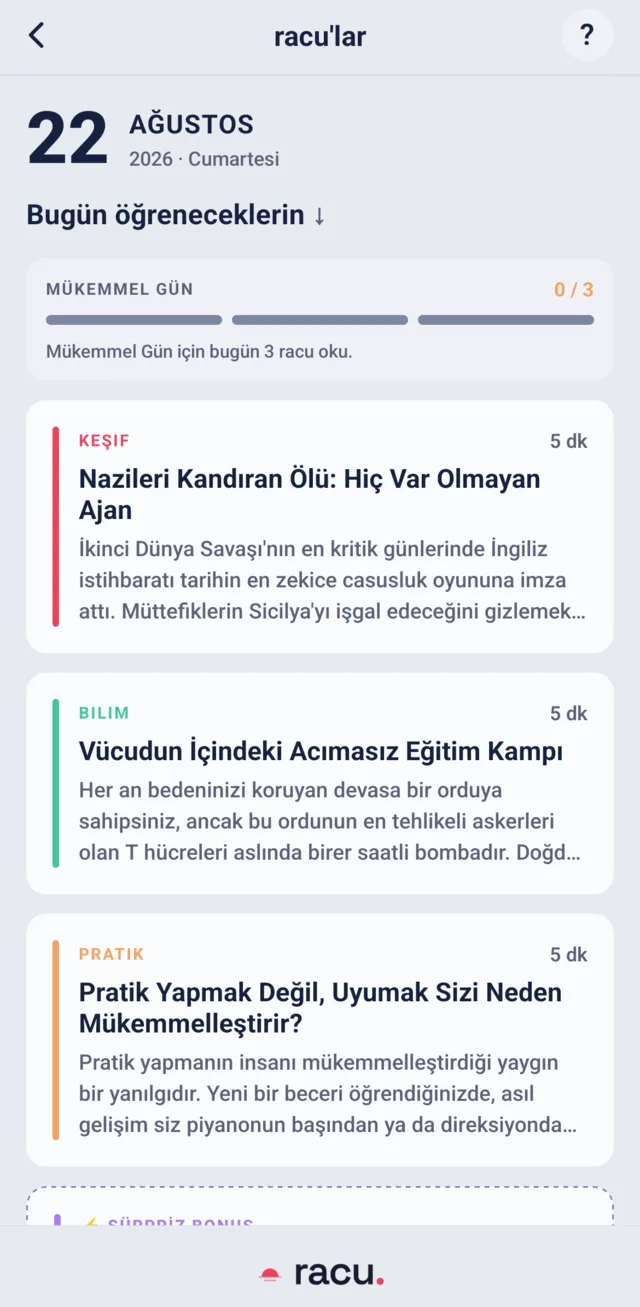 Günün üç racu'sunun listelendiği ekran